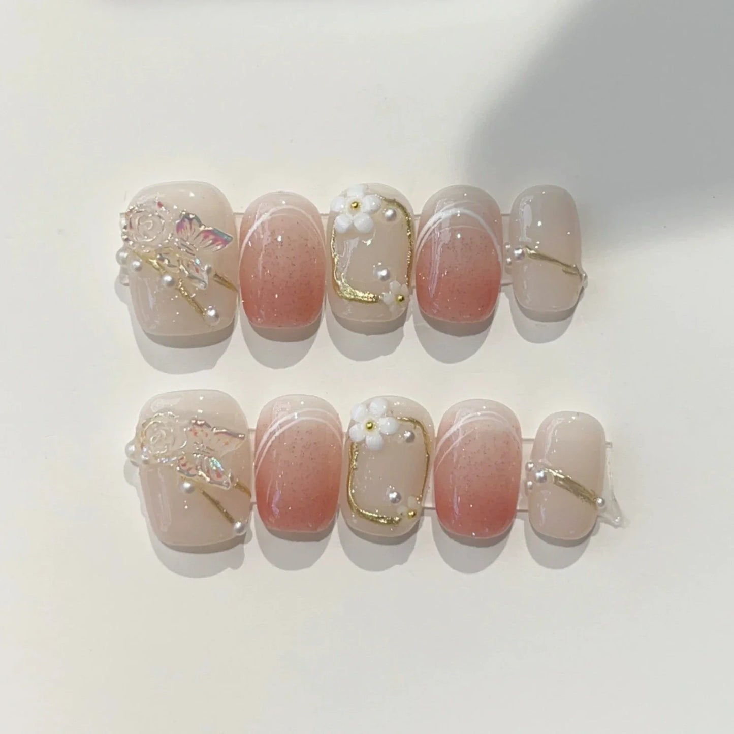 10 Pcs Handmade Short Square Press-On Nails – Full Cover Flower & Cat Eye Ballet False Nails Manicure Tips