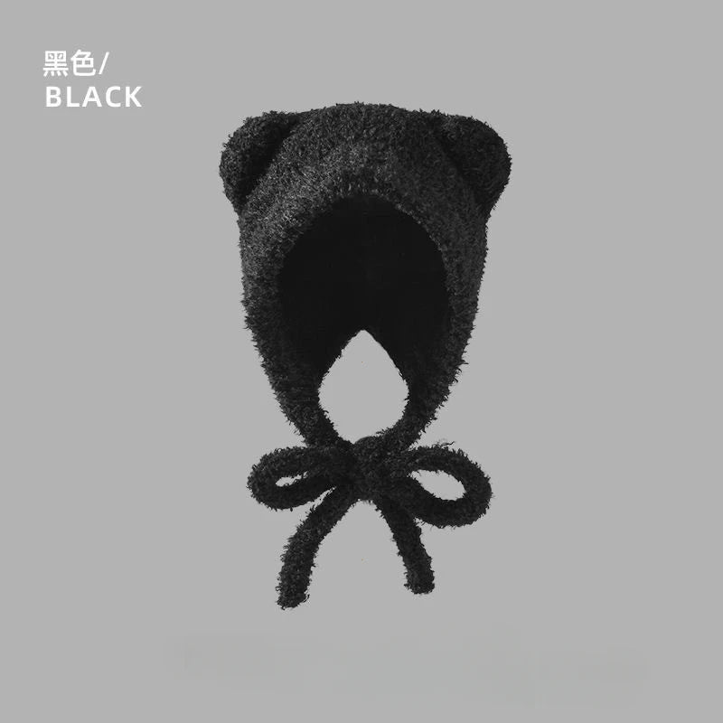 Bear Ear Knitted Winter Hat - Warm Lace-Up Ear Protection Cap for Women