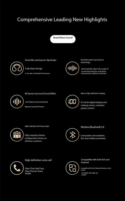 Wireless Bluetooth Earphones with Mirror Display – Soft Silicone Ear Clip, Noise Reduction, HD Sound, Lossless Audio for Sports