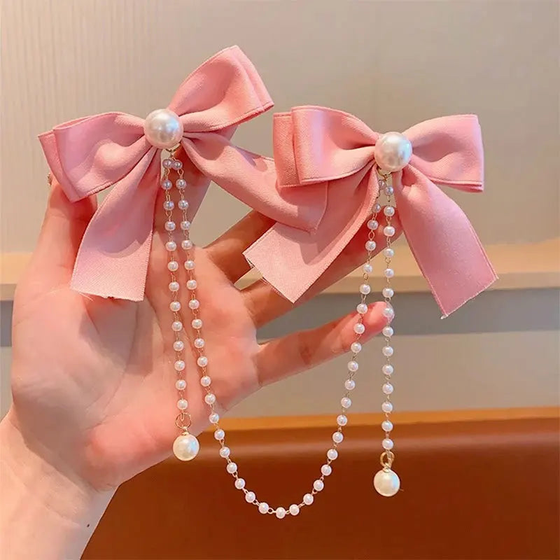 Sweet Princess Pink Pearl Bow Hair Clip – Cute Chain Hairpin for Women & Girls Back Head Fashion Hair Accessories