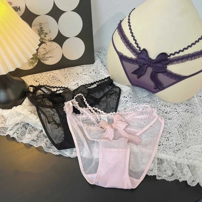 Women’s Low-Waist Lace Briefs - Breathable Mesh Sheer Panties with Bow Detail
