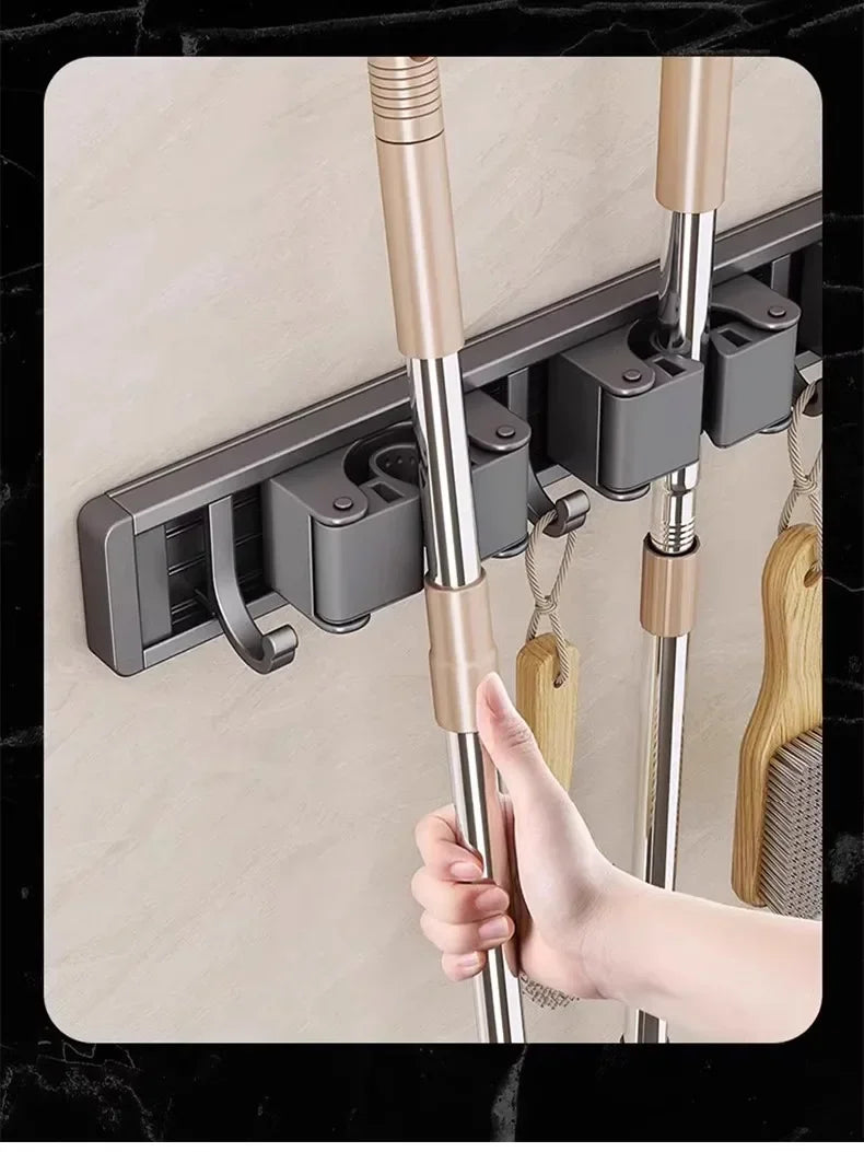 Wall-Mounted Mop & Broom Organizer — Strong Mop Holder Rack with 5 Hooks for Hanging Brooms and Cleaning Tools