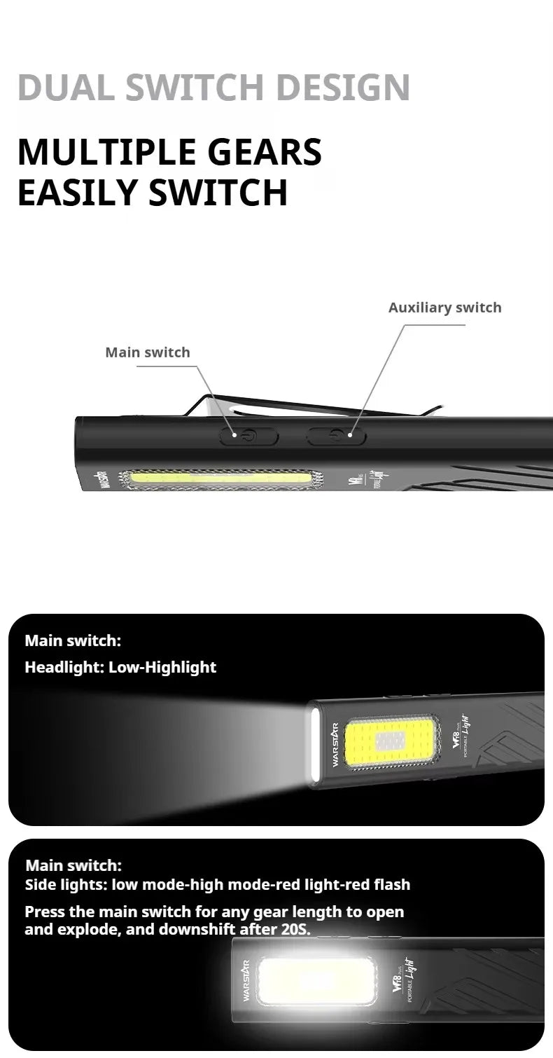 Warstar WT8 Dual-Light Flashlight – 800 Lumen Portable Work Light with Purple Light, Red Laser & Magnetic Clip