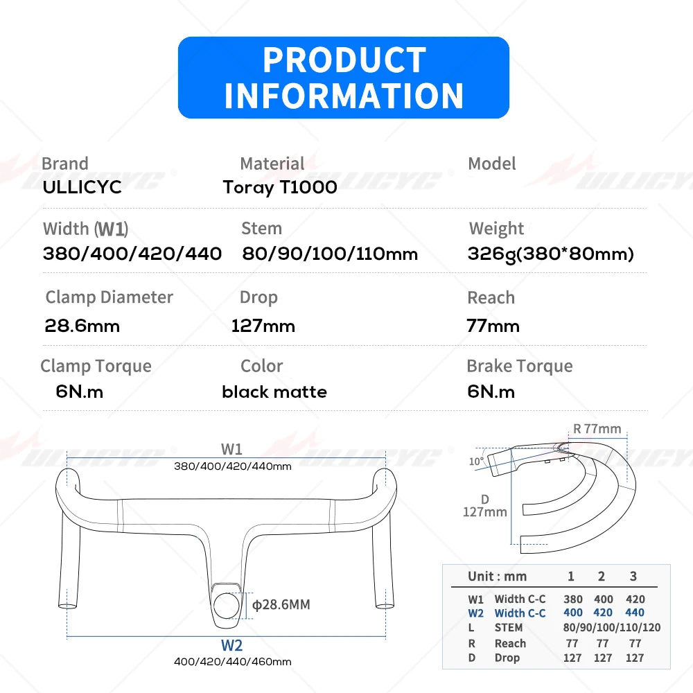 ULLICYC T1 Carbon Fiber Road Bike Handlebar - Integrated Internal Cable Routing Cockpit with Mount Spacers 360–380mm
