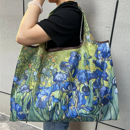 Flower Oil Painting Foldable Reusable Shopping Bag – Large Capacity Portable Shoulder Tote for Travel, Grocery & Beach Storage Handbag