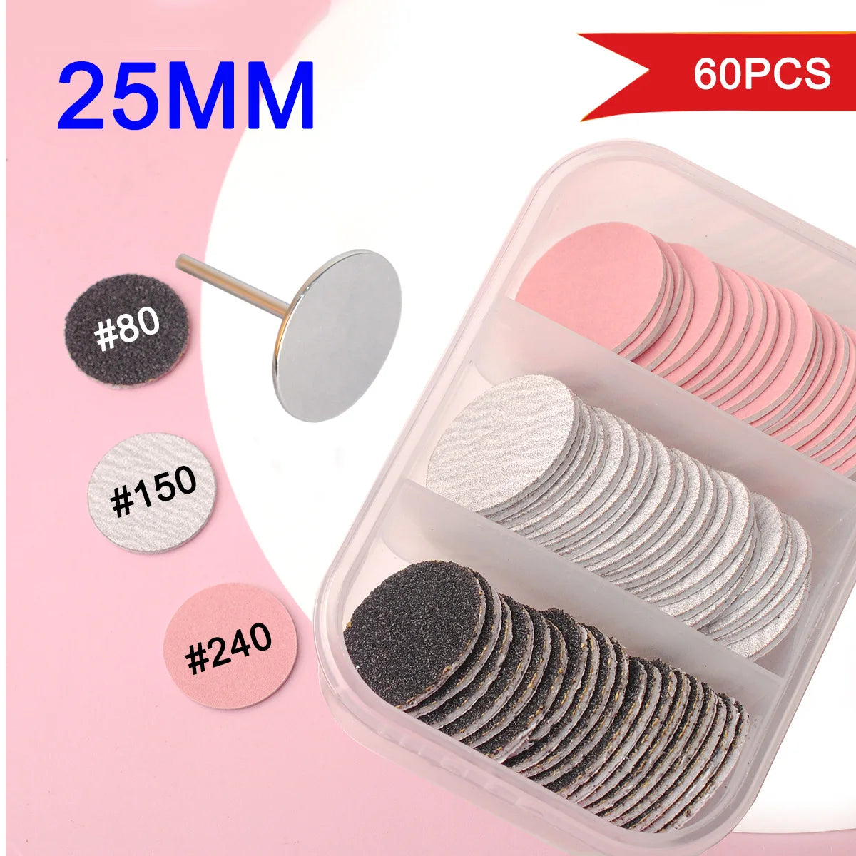 60-Piece Replaceable Sanding Paper Set – 25mm Pink Pedicure Nail Bit with Metal Disk for Foot Care