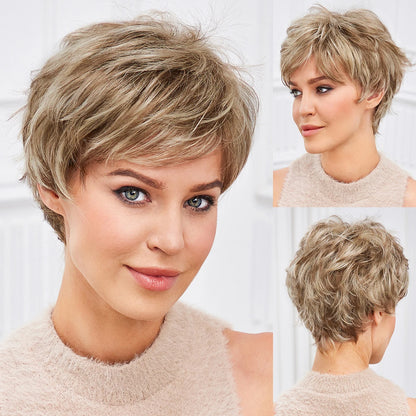 Light Blonde Mixed Off-White Pixie Cut Wig for Women – Bangs with Kanekalon Human-Hair-Like Texture, Natural Layered Hair