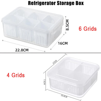 Refrigerator Storage Box – 4/6 Grid Clear Crisper for Fruits, Vegetables & Meat