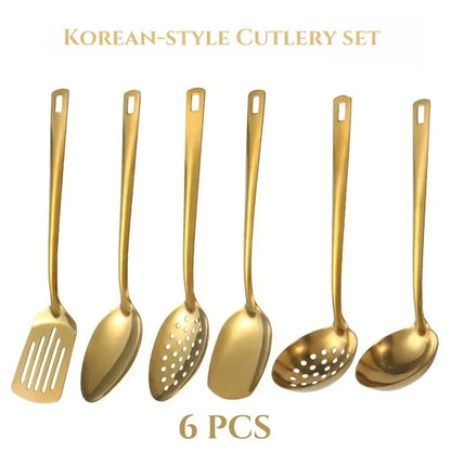 6PCS Hot Pot Cutlery Set – Stainless Steel Golden Spoons & Strainer Kitchenware