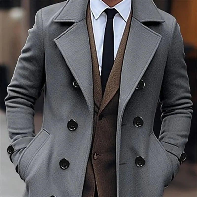 Men's Wool Blend Trench Coat - Double-Breasted Business Casual Winter Overcoat