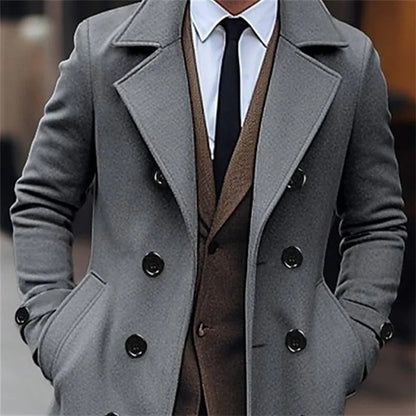 Men's Wool Blend Trench Coat - Double-Breasted Business Casual Winter Overcoat