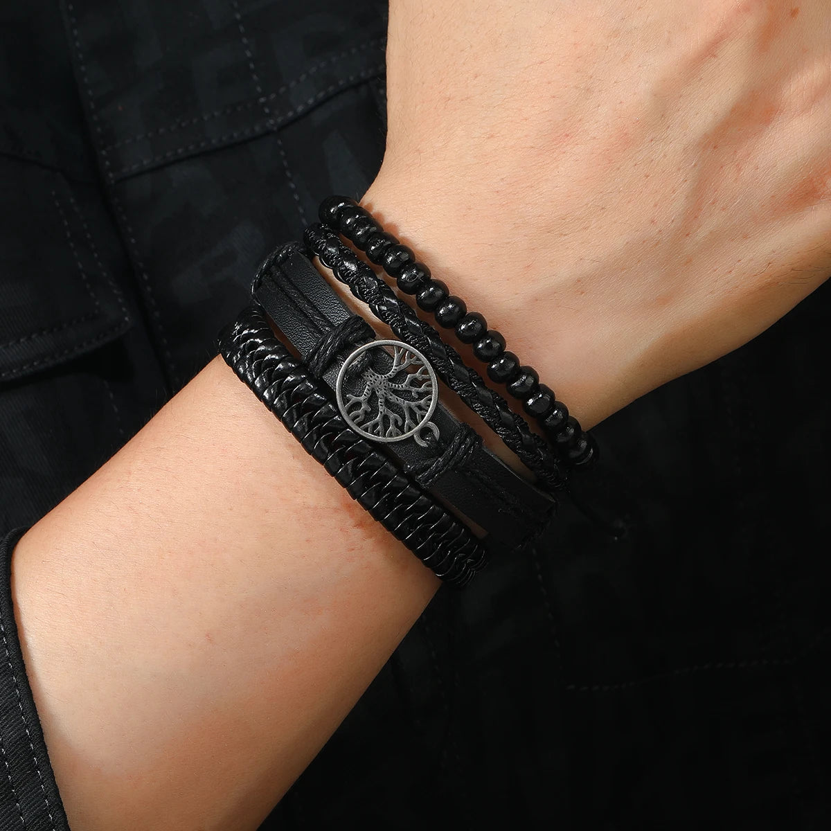 4Pcs Men's Braided Leather Bracelets Set – Vintage Life Tree & Rudder Charms, Wood Beads, Ethnic Tribal Wristbands