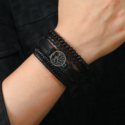 4Pcs Men's Braided Leather Bracelets Set – Vintage Life Tree & Rudder Charms, Wood Beads, Ethnic Tribal Wristbands