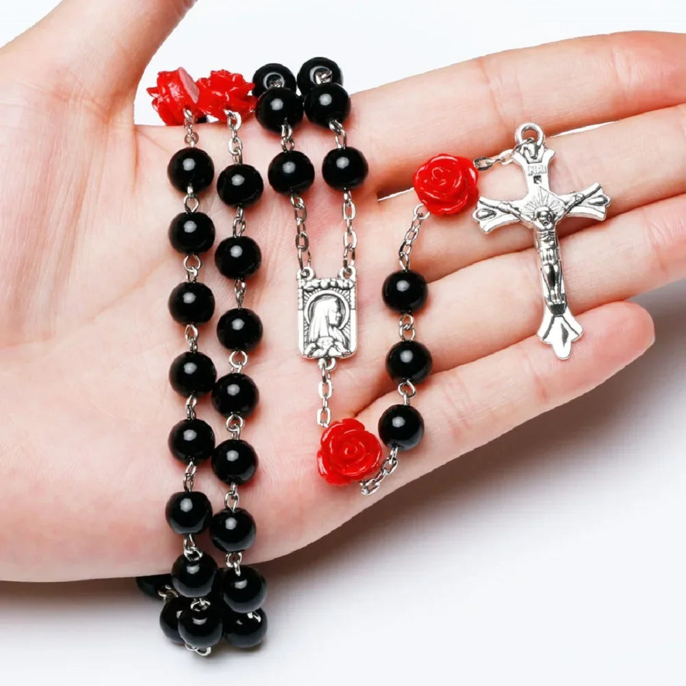 6mm Pink Rosary Necklace – Rose Glass Beads Chain with Crucifix Cross INRI Pendant, Religious Prayer Jewelry for Men & Women