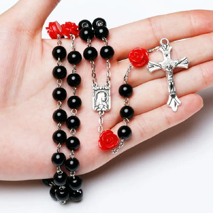 6mm Pink Rosary Necklace – Rose Glass Beads Chain with Crucifix Cross INRI Pendant, Religious Prayer Jewelry for Men & Women