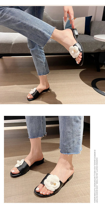 Luxury Women’s Flower Slippers — Camellia Open-Toe Slides for Home & Outdoor, Ladies Flip Flop Sandals