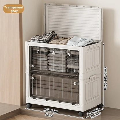 Large Capacity Foldable Storage Bin - Transparent Mobile Organizer with Wheels for Clothes & Toys