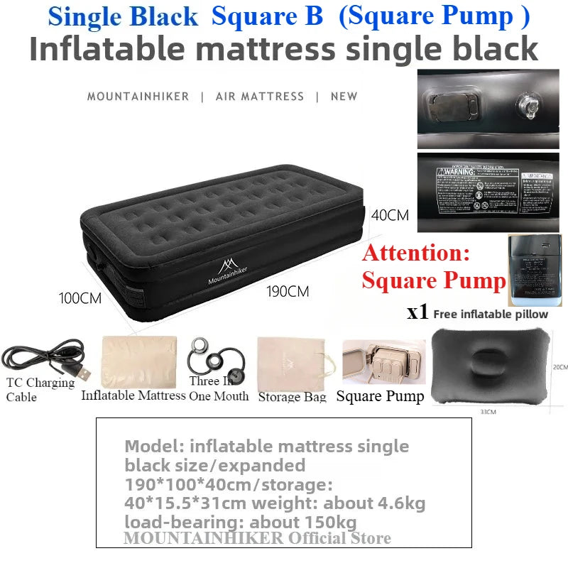 MOUNTAINHIKER 2025 Inflatable Air Mattress – PVC Camping Bed Mat for 1-3 Persons, Built-in Pump Glamping Sleeping Mat