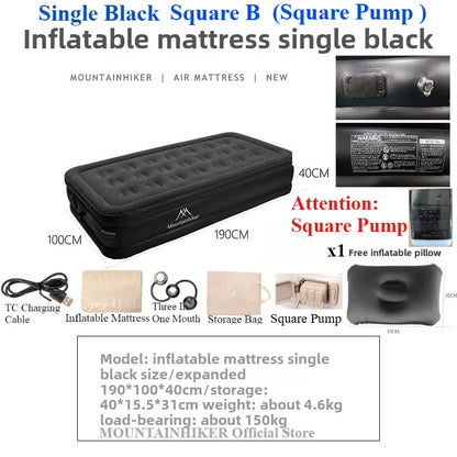 MOUNTAINHIKER 2025 Inflatable Air Mattress – PVC Camping Bed Mat for 1-3 Persons, Built-in Pump Glamping Sleeping Mat