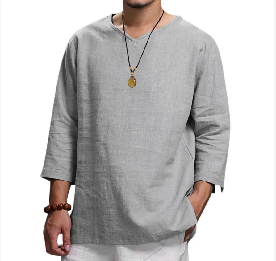 Men’s 3/4 Sleeve Casual Shirt - Loose Fit Solid Color Pullover Top