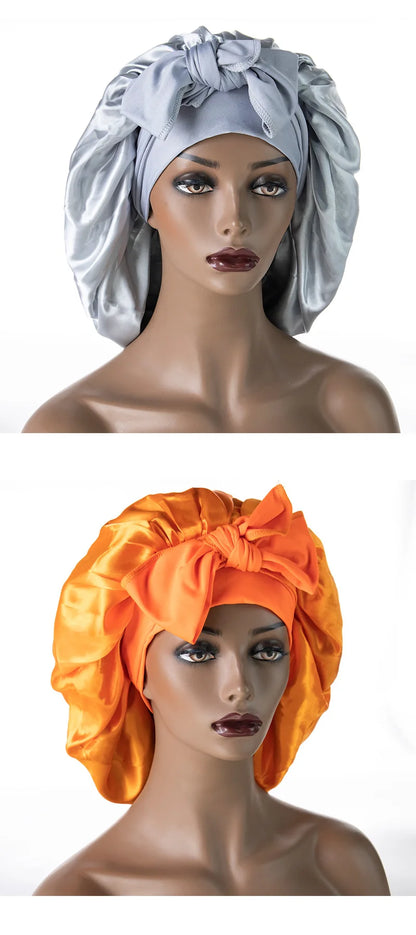 Satin Nightcap for Women - Wide Stretch, Extra-Large Long Tail, Shower Cap with Ribbon, Round Hat Hair Bonnet