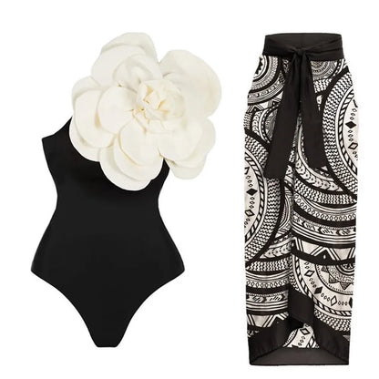 Blue One-Shoulder Ruffle Floral Monokini Swimsuit with Cover Up Sexy One Piece Beach Swimwear for Women Summer