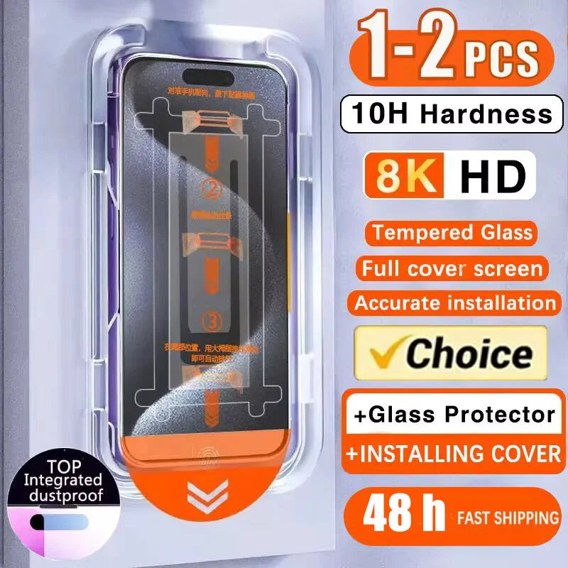 8K HD Tempered Glass Screen Protector for iPhone 16 Pro Max, 11, 12, 13, 14, SE (2020/2022) – Auto Dust Removal, 1-2pcs