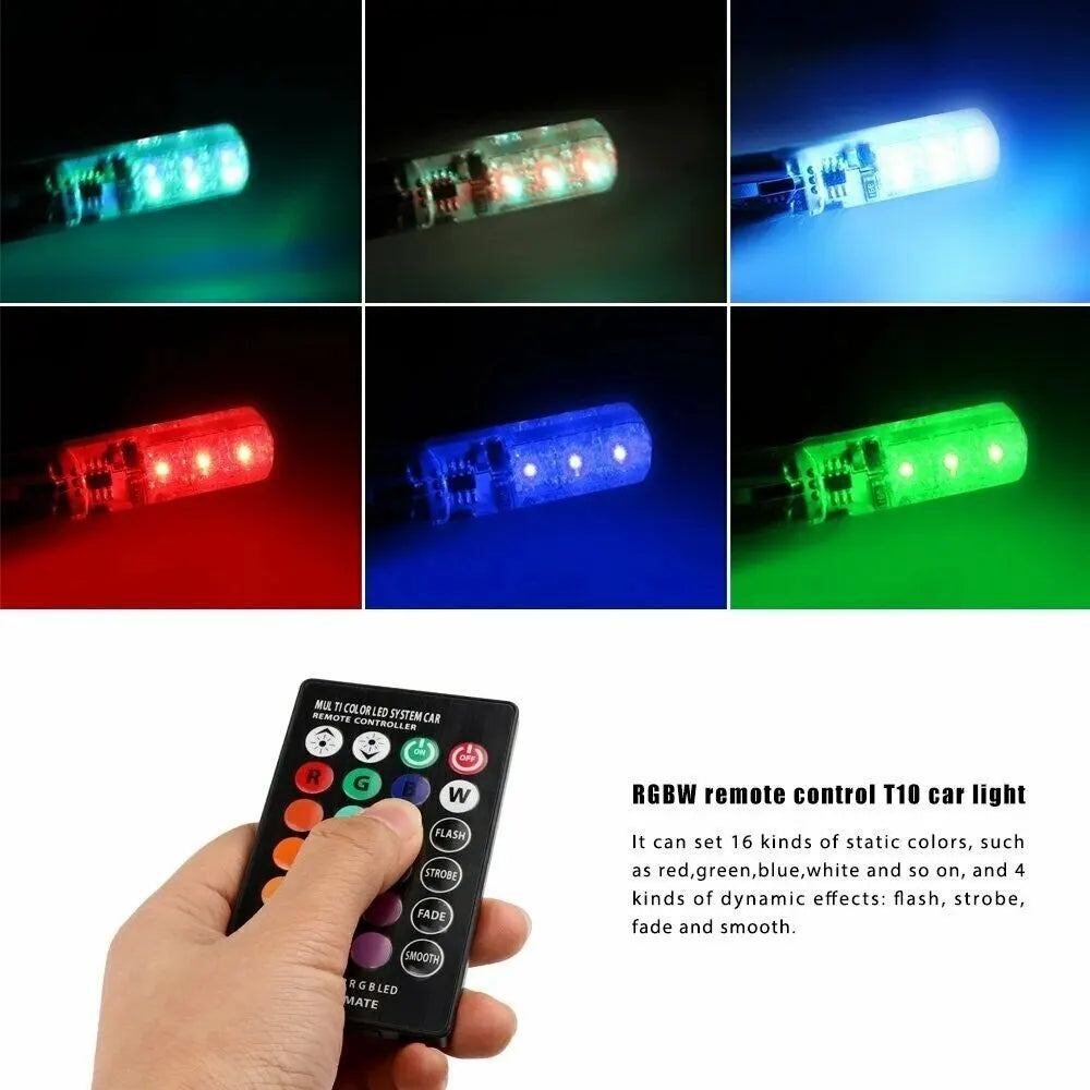 1SET T10 W5W RGB LED Bulb 12SMD 5050 CANbus - 194 168 Car Wedge Light with Remote Controller, Flash Reading, Clearance Lights