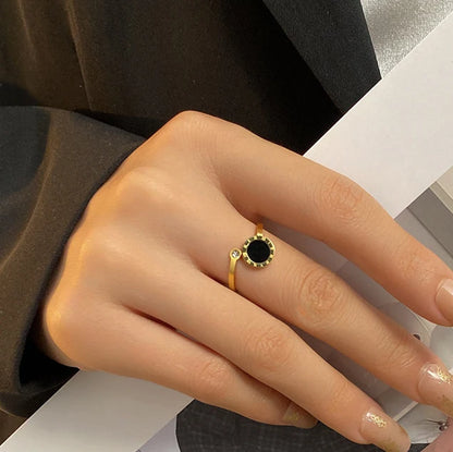 RAKOL 316L Stainless Steel Roman Numeral Ring – Black Shell Adjustable Zircon Tail Ring for Women, Fashion Jewelry