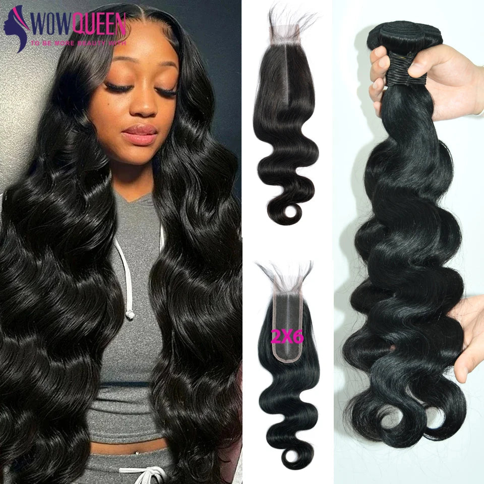 Body Wave Bundles with Closure – 2x6 Brazilian Hair Weave, 3/4 Bundles with Lace Closure, Natural Human Hair