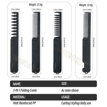 Newest 1/2/3-in-1 Portable Folding Comb – Wide Tooth Barber Clipper, Mini Beard & Hair Combing Styling Tool