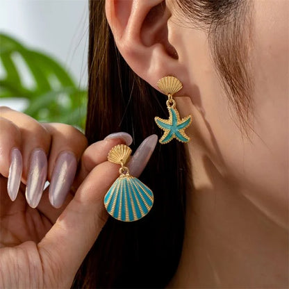 Ocean Style Asymmetric Earrings - Starfish Shell Pearl Zircon Stud Jewelry Gift for Women