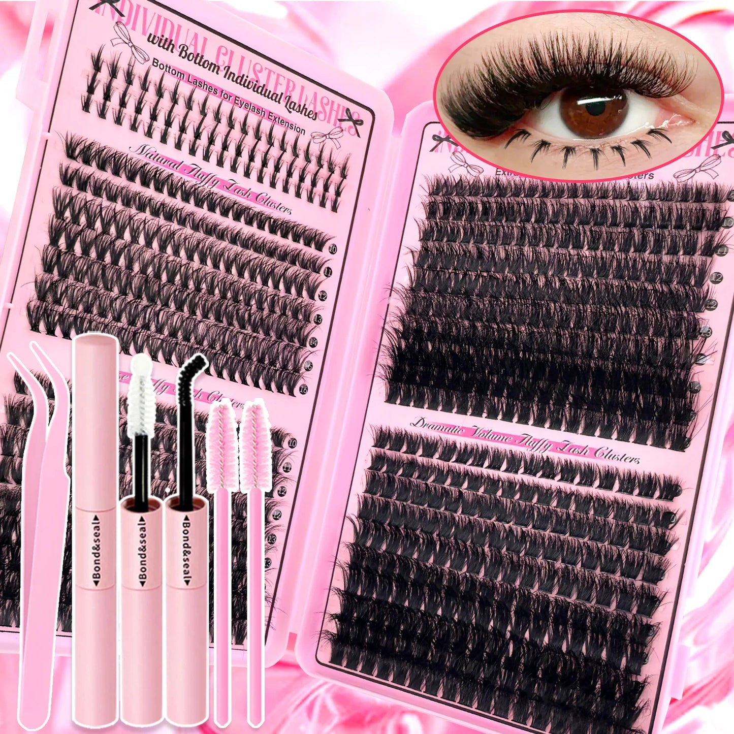 Top & Bottom Lash Extension Kit – 250/740 Cluster Fluffy Volume Mix Lengths DIY Eyelash Set for Bold Bombshell & Natural Lash Looks