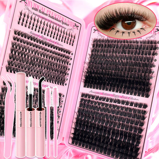 Top & Bottom Lash Extension Kit – 250/740 Cluster Fluffy Volume Mix Lengths DIY Eyelash Set for Bold Bombshell & Natural Lash Looks