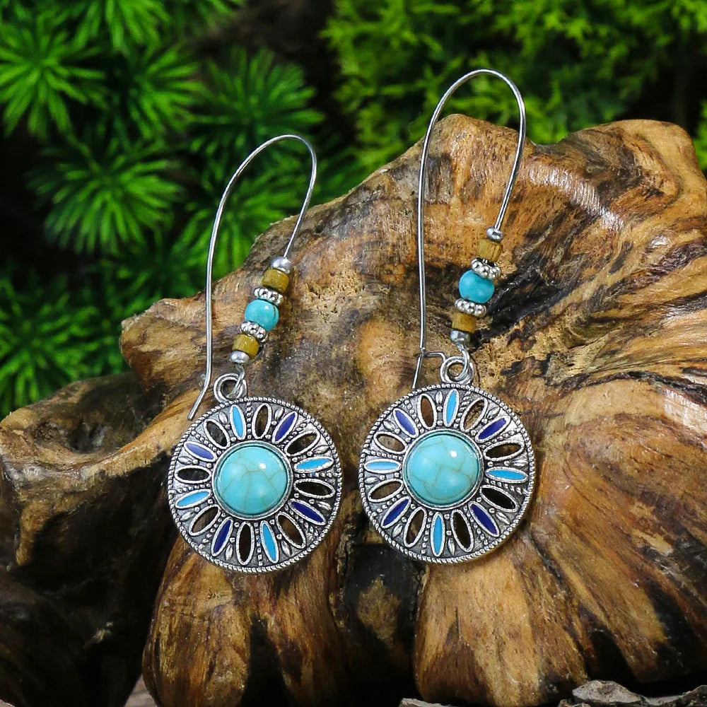 Blue Alloy Turquoise Bohemian Earrings - Retro Geometric Multi-Layer Statement Jewelry