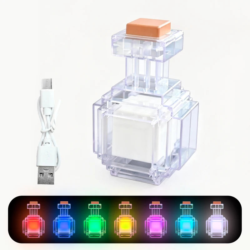 Rechargeable 7 Color Liquid Bottle Night Light - Pixel Style LED Bedroom Decor Lamp Kids Gift Game Room Decoration