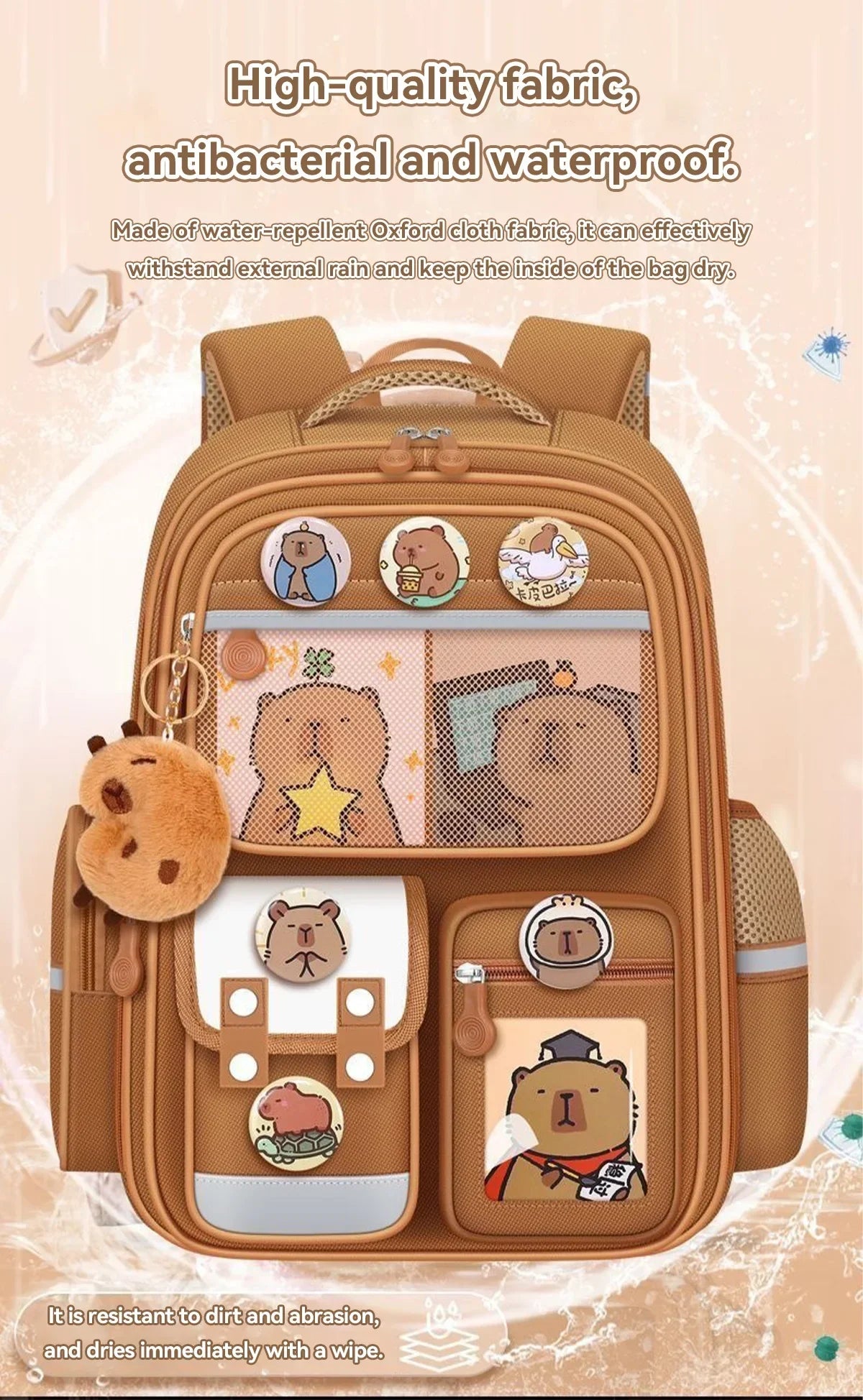 Capybara Waterproof School Backpack | Large Capacity, Ergonomic Straps for Students, Spine-Friendly Gift Bag