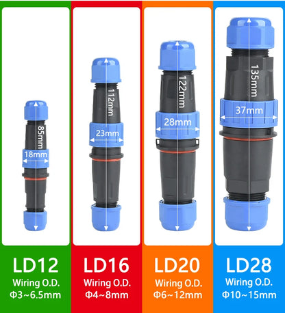 LD Series IP68 Waterproof Connector - Male Plug & Female Socket - Panel Mount Aviation Plug for Wire Cable - Available in Various Pin Configurations