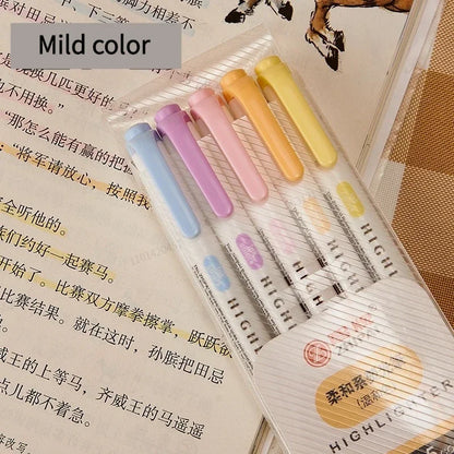 5-Color Double-Ended Highlighter Pen Set - Cute Pastel Fluorescent Markers for Drawing, Art, and Japanese-Style Stationery