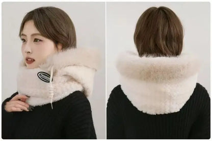 Women’s Winter Plush Hat with Hood & Scarf – Warm Thick Windproof Thermal Cap with Ear Protection for Outdoor Cycling & Riding