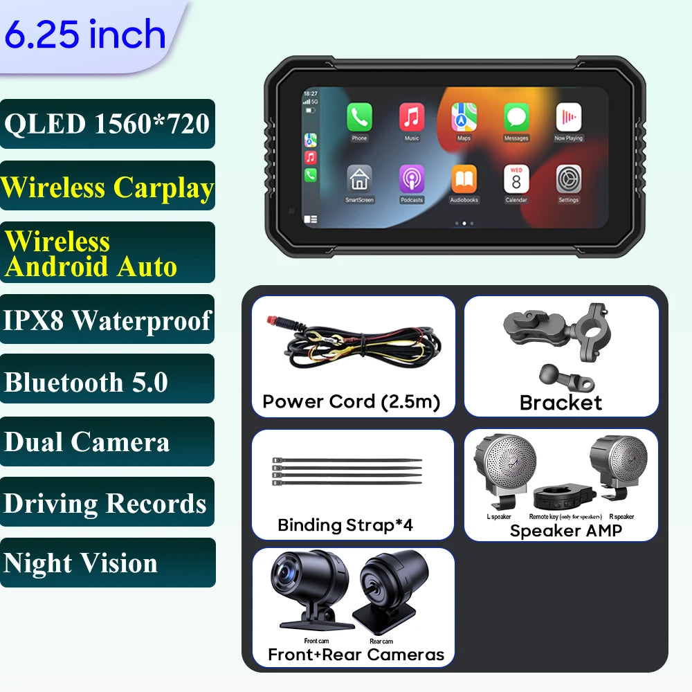 6.25-Inch Motorcycle GPS Navigation Screen with Wireless CarPlay & Android Auto – 1560x720 Resolution, Motor DVR Monitor, TPMS Optional
