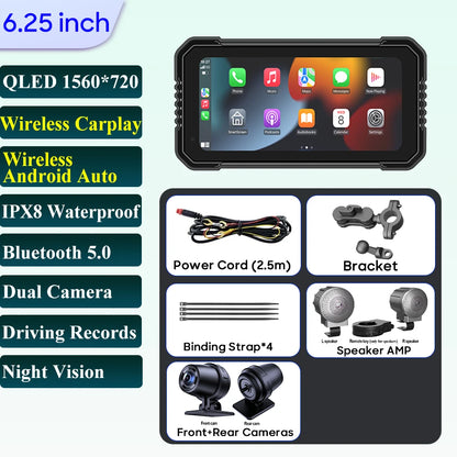 6.25-Inch Motorcycle GPS Navigation Screen with Wireless CarPlay & Android Auto – 1560x720 Resolution, Motor DVR Monitor, TPMS Optional