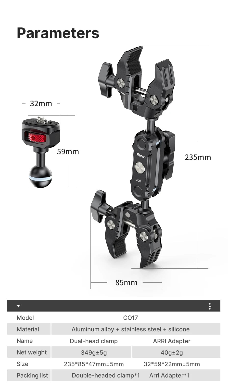 Ulanzi CO17 Super Clamp with 360° Dual-Head Magic Arm & Arri Adapter for Panoramic Camera, LED Light, and Umbrella