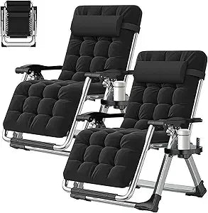 Set of 2 Zero Gravity Outdoor Lounge Chairs – Reclining Patio Sun Loungers with Cushion, Headrest & Cup Holder