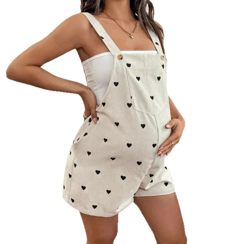 Women’s Maternity Jumpsuit – Casual Printed Pants with Adjustable Waist & Suspenders, Comfortable Pregnancy Shorts