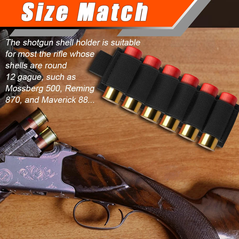 12 Gauge Shotgun Shell Holder - 6 Round Elastic Ammo Carrier with Hook & Loop Mount