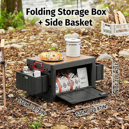 Folding Storage Box - Flat Outdoor Camping, Trunk Organizer & Gift Storage Box with Wooden Lid