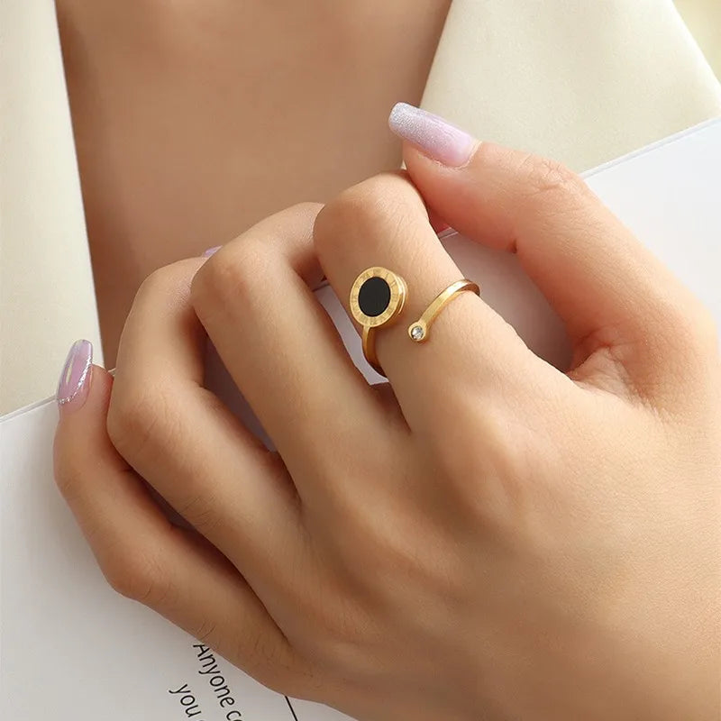 RAKOL 316L Stainless Steel Roman Numeral Ring – Black Shell Adjustable Zircon Tail Ring for Women, Fashion Jewelry