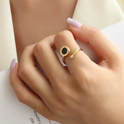 RAKOL 316L Stainless Steel Roman Numeral Ring – Black Shell Adjustable Zircon Tail Ring for Women, Fashion Jewelry