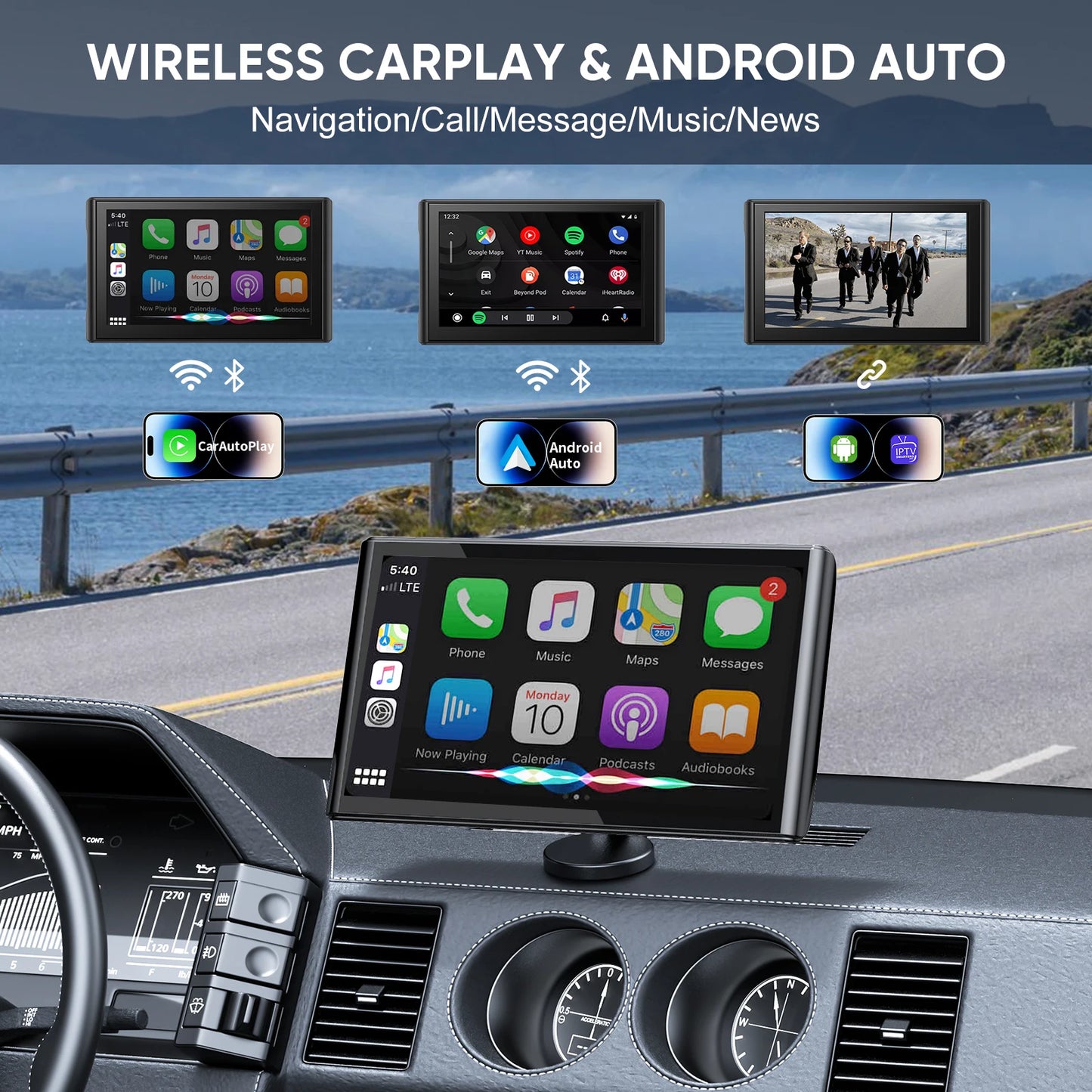 Pionrat 7" Portable CarPlay Screen - Wireless Android Auto Touchscreen with Bluetooth & Navigation